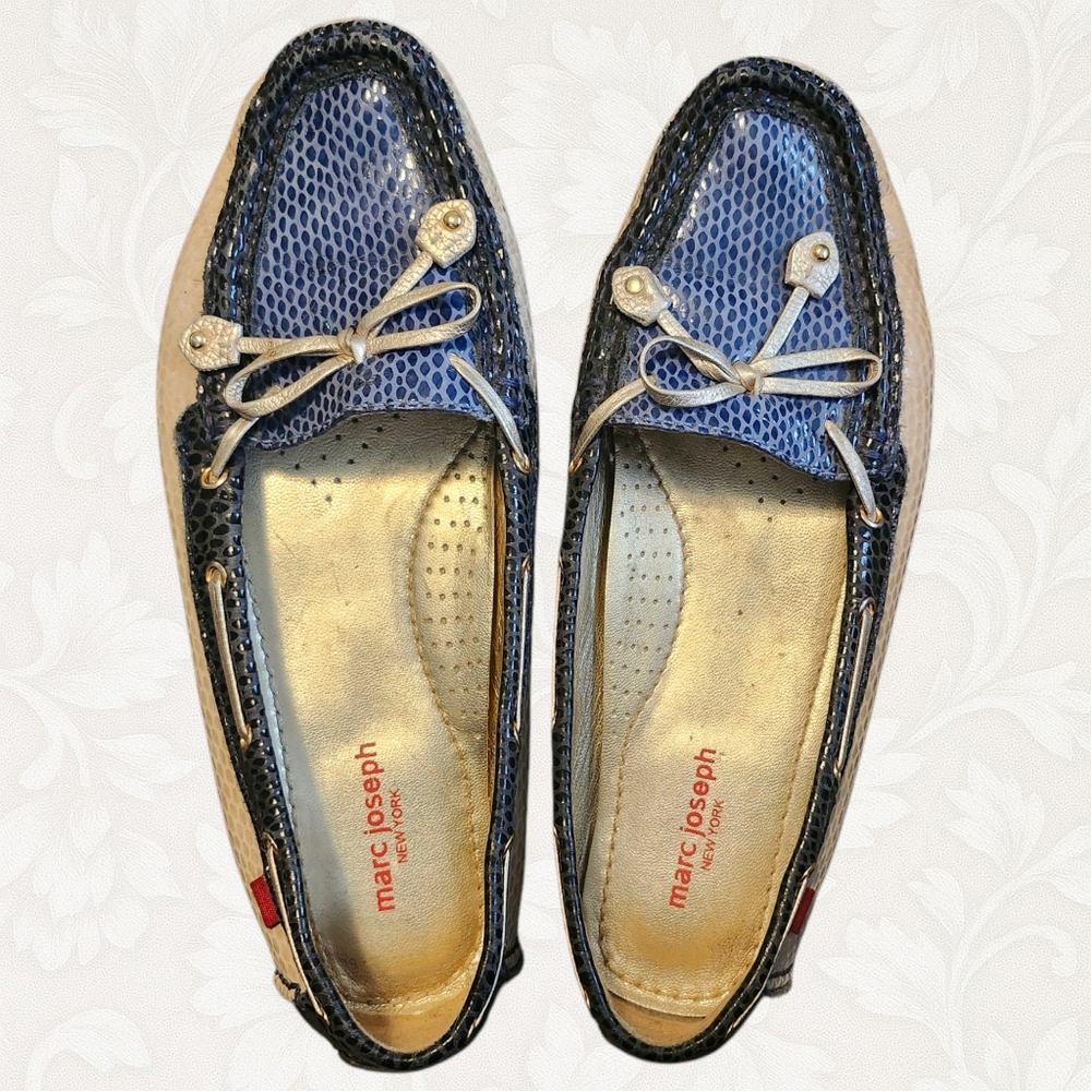 Marc Joseph Leather Driving Loafers – Women’s 9 – Snakeskin & Navy Bow Flats